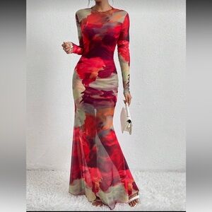 Tie Dye Elegant Red Maxi Women's Dress